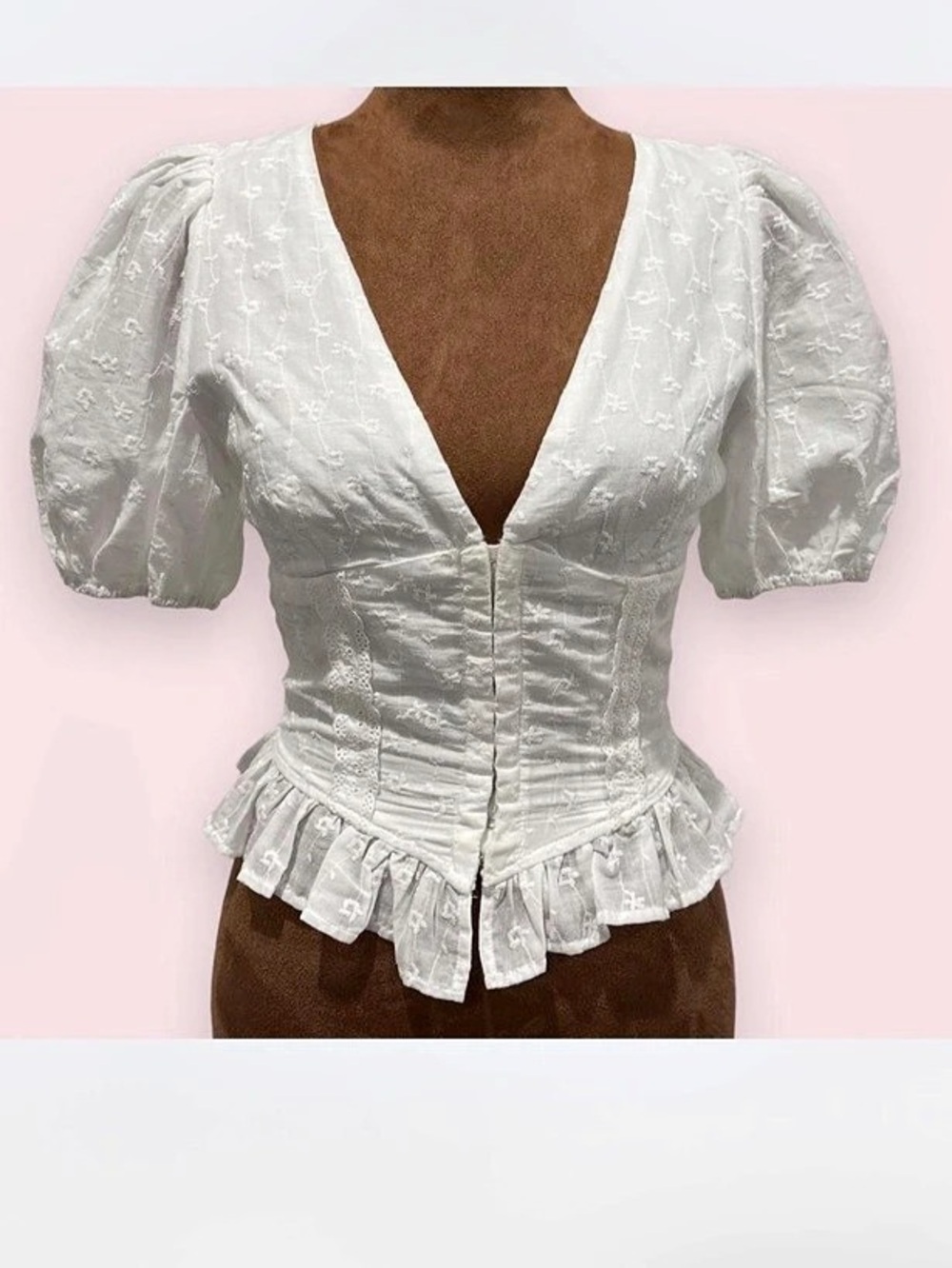 Altarโd State White Floral Embroidered Puff Sleeve Corset Peplum Boho Top XS